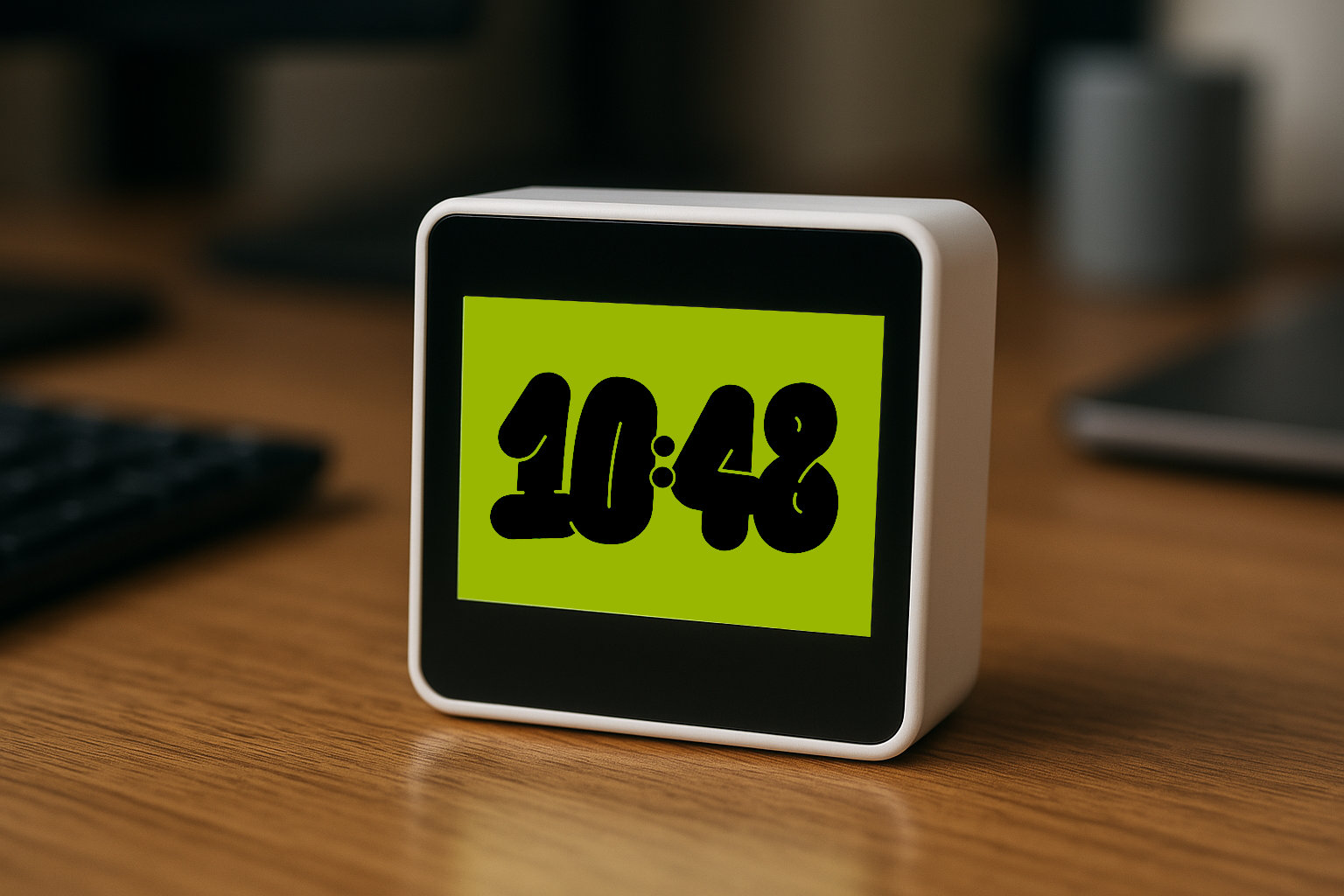 Large-format wall clock displaying the portfolio tracker interface